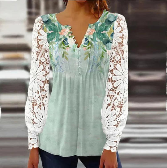 Damen Floral Viskosemischung Bluse mit Häkelärmel und V-Ausschnitt Shop Nory