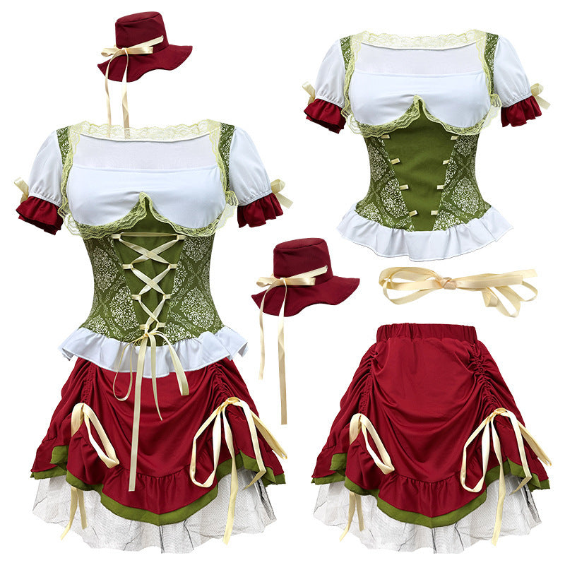 Damen nan kurzes Dirndl Trachtenkleid mit Schnürcorsage, Spitzenkragen und gerafftem Rock Shop Nory