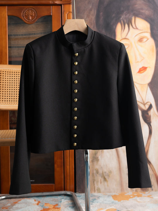Damen Modische Jacke mit Stehkragen und goldenen Knöpfen Shop Nory