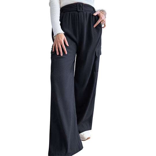 Damen Weite High-Waist-Hose mit Stoffgürtel und Cargo-Taschen Shop Nory