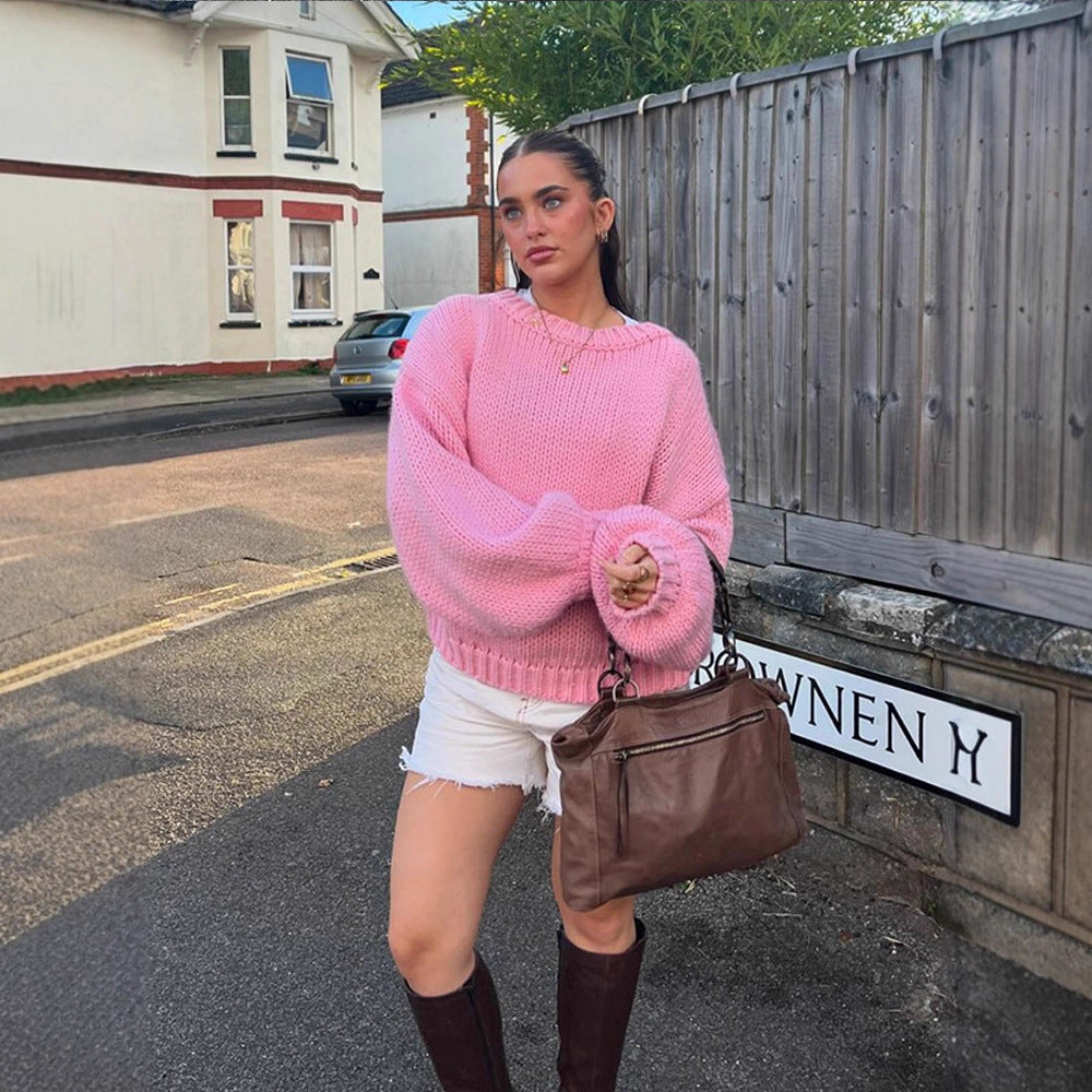 Damen Oversize Grobstrick-Pullover mit Ballonärmeln und breitem Rippenkragen Shop Nory