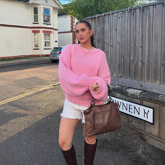Damen Oversize Grobstrick-Pullover mit Ballonärmeln und breitem Rippenkragen Shop Nory