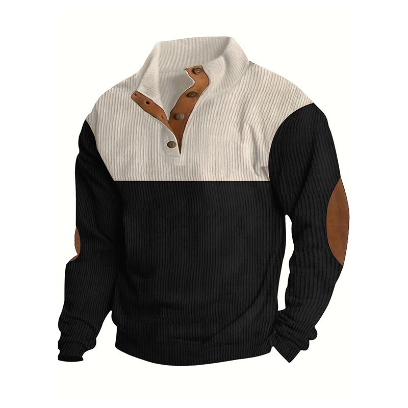 Herren Strukturierter Halbknopf-Pullover mit Stehkragen, Rippenstruktur und Ellenbogen-Patches Shop Nory