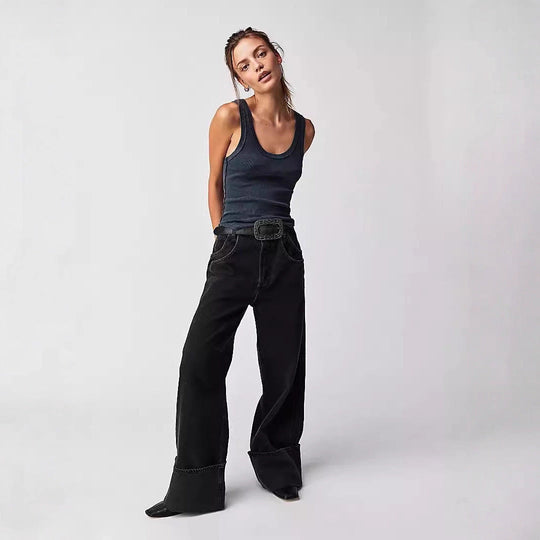 Damen Weite Jeans mit umgeschlagenem Saum