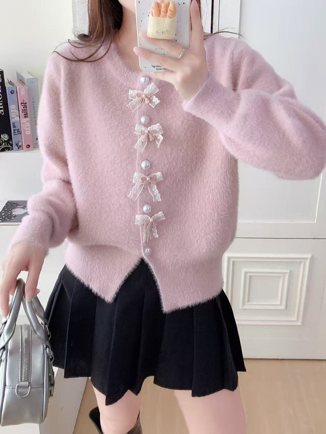 Damen Flauschige Strickjacke mit Perlen und Rüschendetails Shop Nory