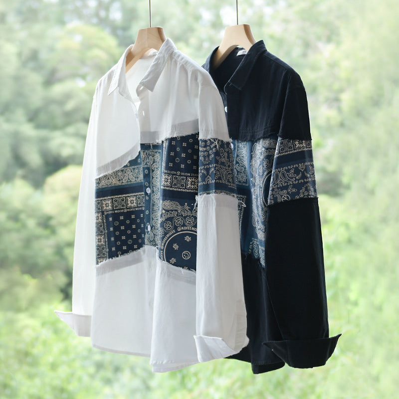 Herren Patchwork-Hemdjacke mit Bandana-Einsatz, rohen Kanten und weiter Passform Shop Nory