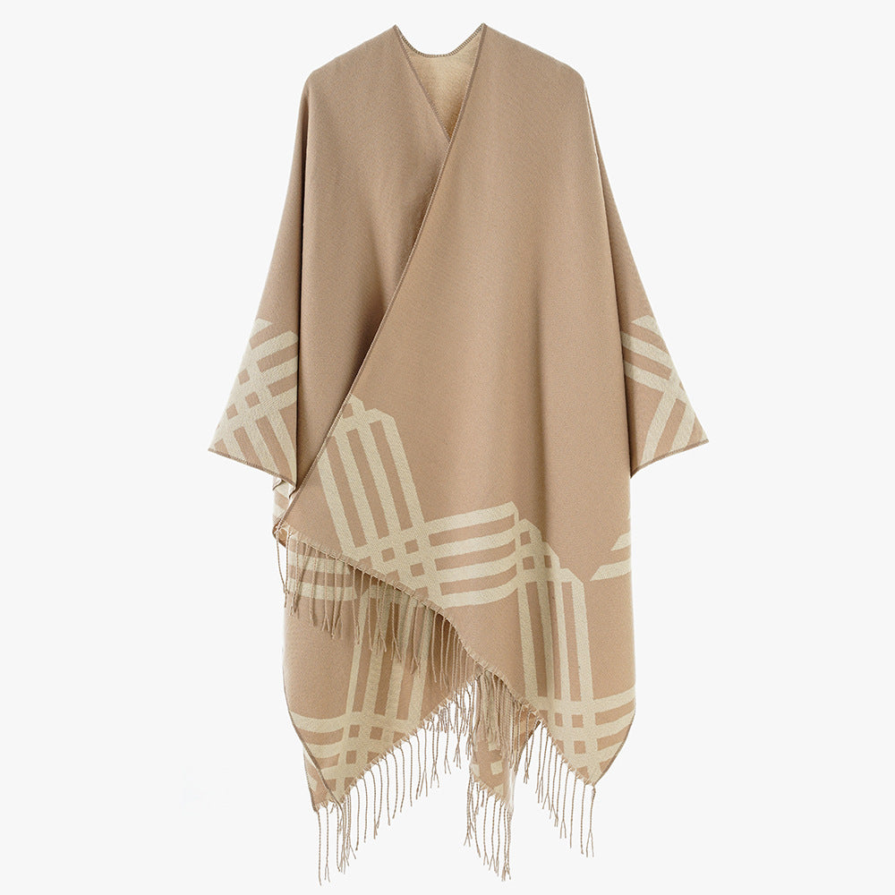 Damen Wollmix-Ruana im Rechteckschnitt mit grafischem Streifen-Jacquard und Fransen Shop Nory