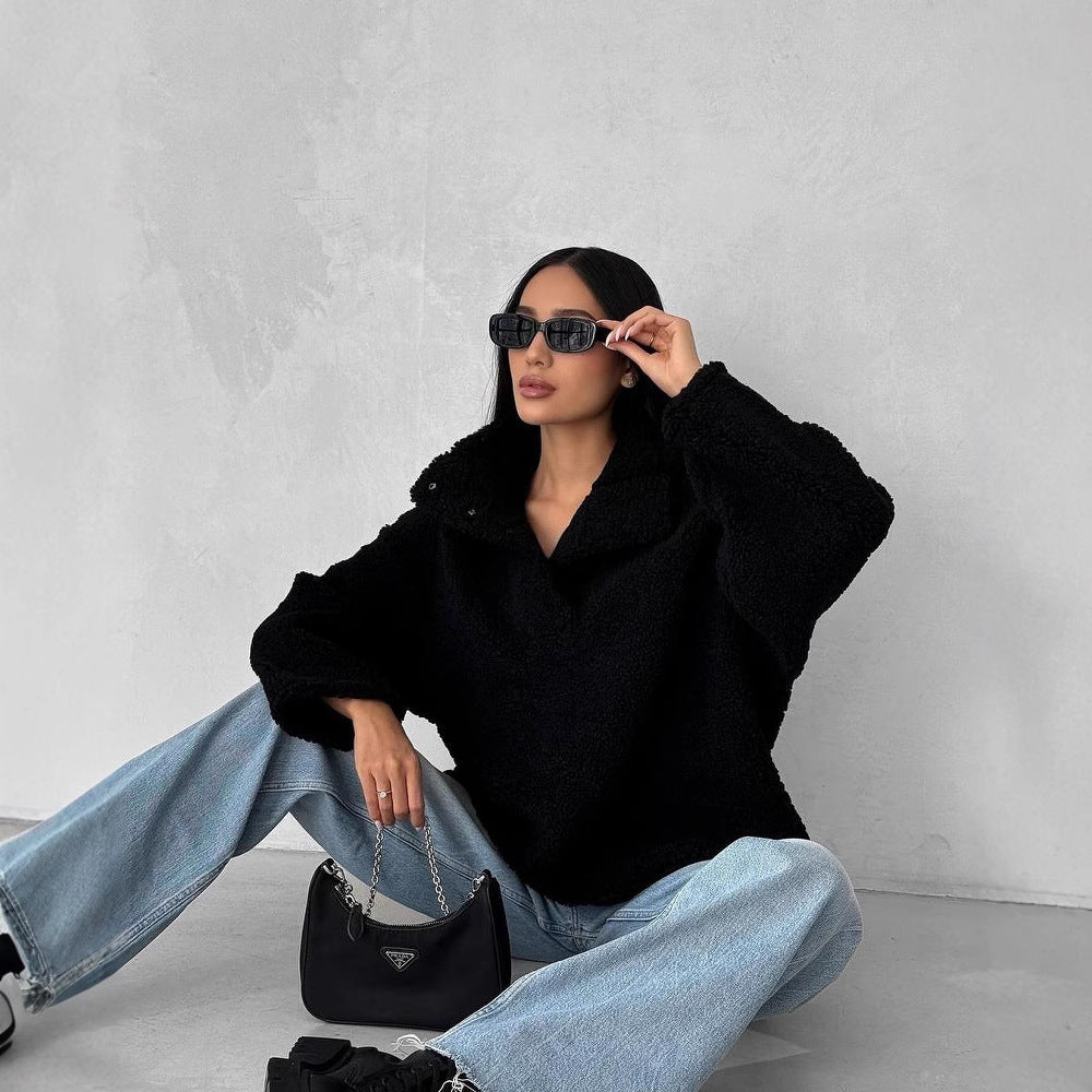 Damen Oversized Teddy-Pullover mit halber Druckknopfleiste und Stehkragen Shop Nory