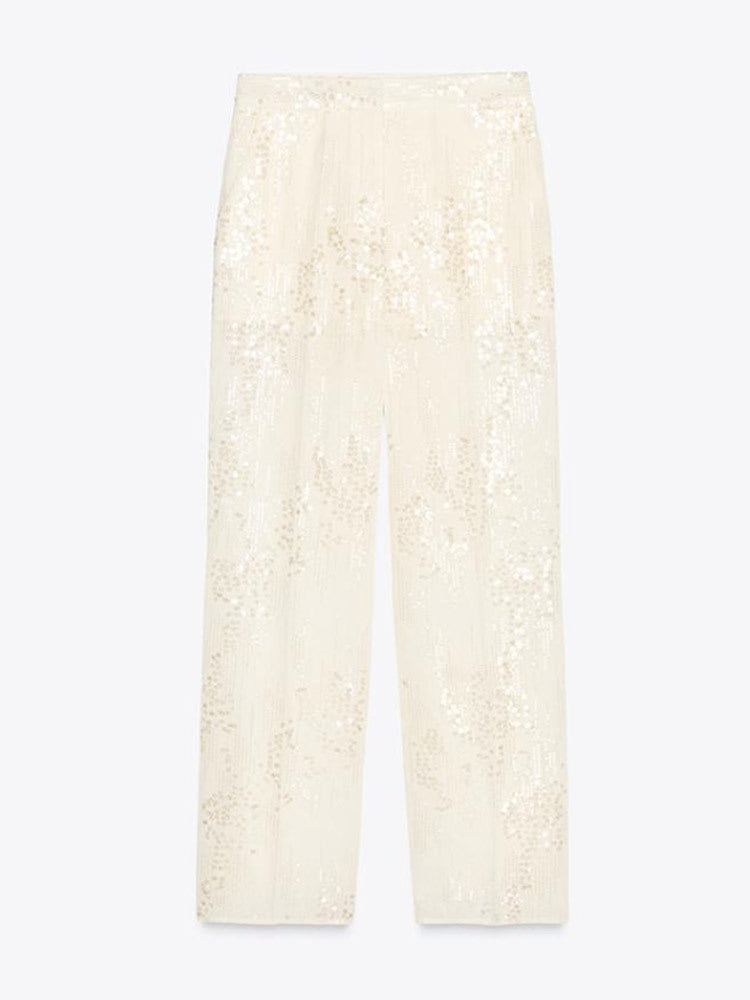 Damen weite Paillettenhose mit hohem Bund und fließendem Bein Shop Nory