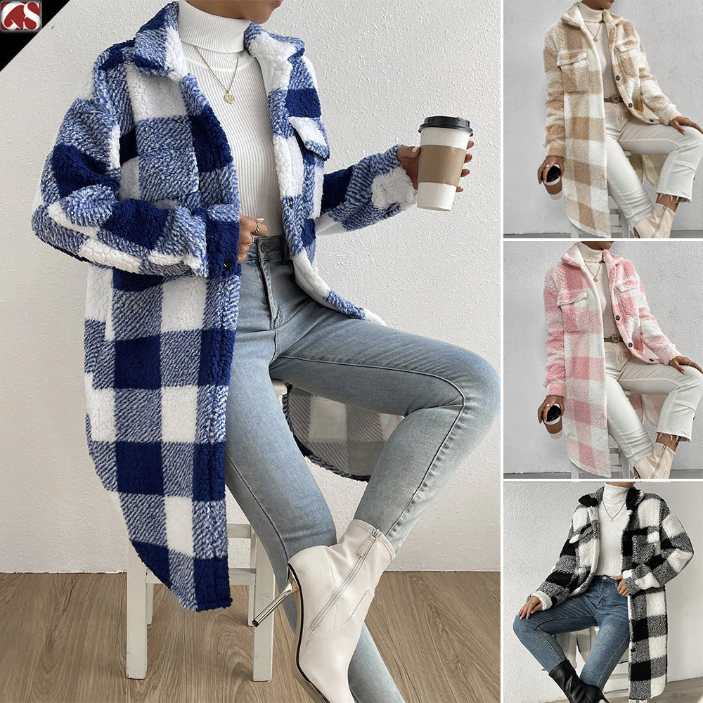 Damen nan langer Teddy-Karo-Mantel mit Hemdkragen, aufgesetzten Brusttaschen und Knopfleiste Shop Nory