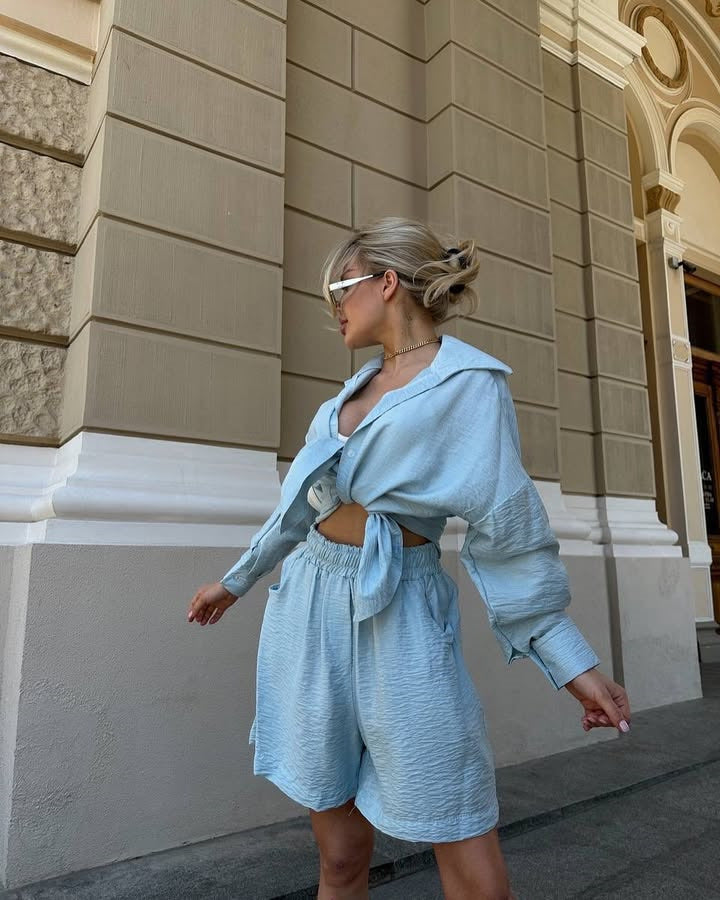 Damen Zweiteiliges texturiertes Loungewear‑Set mit Oversized‑Hemd und elastischer Taillen‑Shorts Shop Nory
