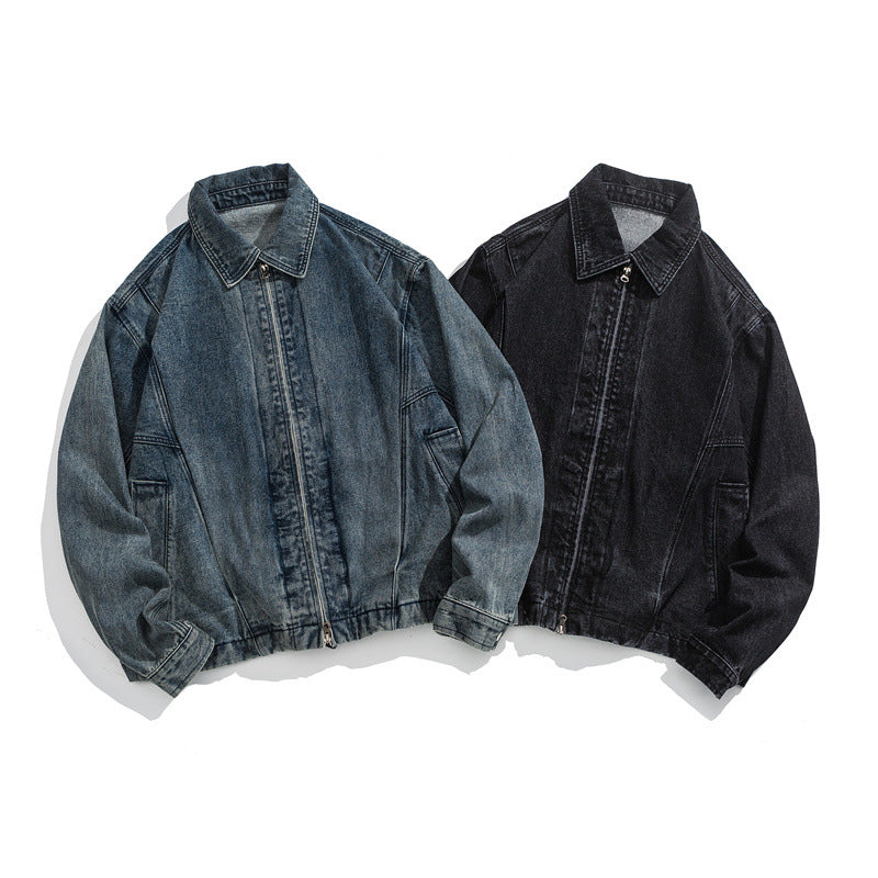 Unisex Kurz geschnittene Denim-Workerjacke mit durchgehendem Reißverschluss und kastiger Silhouette Shop Nory