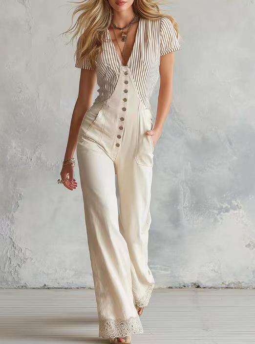 Damen Taillierter Jumpsuit mit V-Ausschnitt, Knopfleiste und Spitzenbesatz Shop Nory