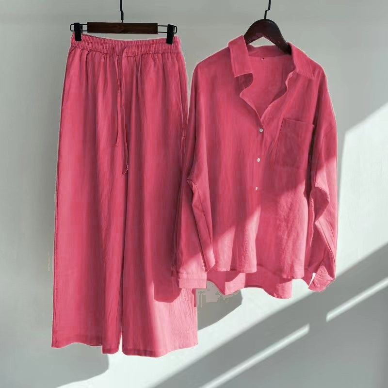 Damen Lockeres Zweiteiliges Viskose-Loungewear-Set mit Hemdbluse und weiter Palazzohose Shop Nory