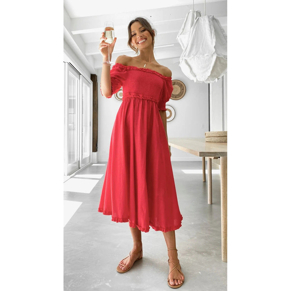 Damen Off-Shoulder Midikleid mit luftiger Silhouette und Rüschendetails Shopnory