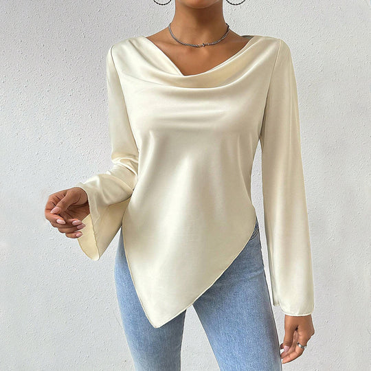 Damen Bluse mit Wasserfallkragen, weiten Trompetenärmeln und fließender Satinoptik Shop Nory