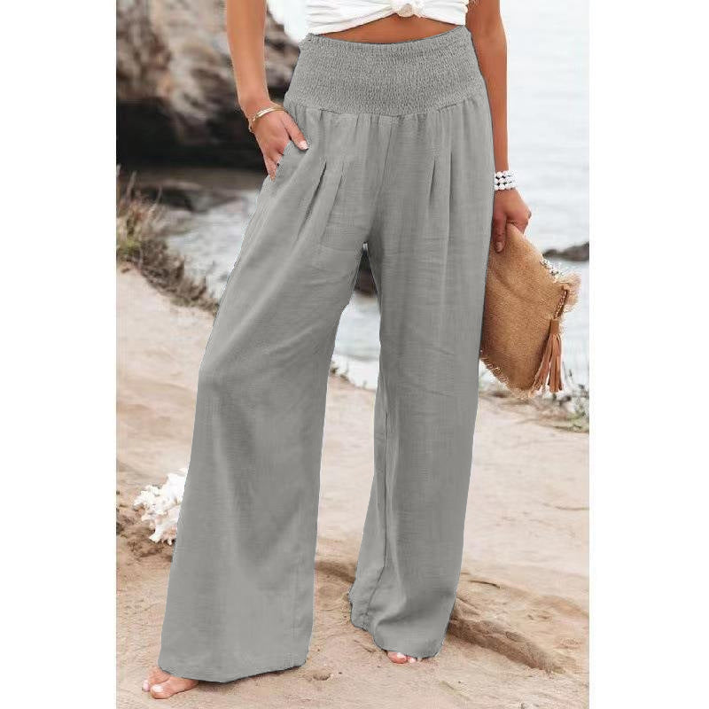 Frauen Weite Bein Smocked Hohe Taille Leinenmischung Hosen Shop Nory