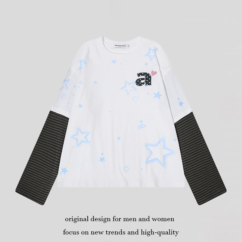 Damen Layered-Langarmshirt mit gestreiften Einsatzärmeln, Stern-Print und Applikation Shop Nory