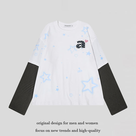 Damen Layered-Langarmshirt mit gestreiften Einsatzärmeln, Stern-Print und Applikation Shop Nory