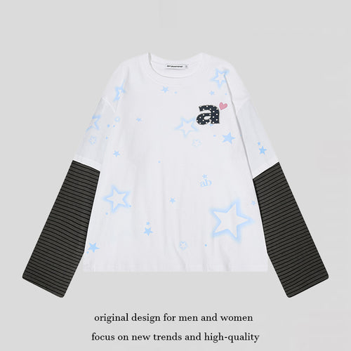 Damen Layered-Langarmshirt mit gestreiften Einsatzärmeln, Stern-Print und Applikation Shop Nory