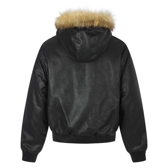 Damen Kunstleder-Bomberjacke mit Kapuze, Kunstfellbesatz und dekorativen Nieten Shop Nory
