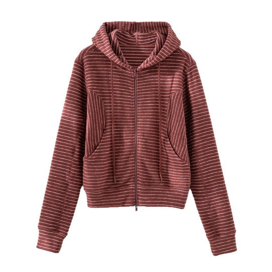 Damen Gestreifte Kapuzen-Zip-Strickjacke mit Eingrifftaschen und schmalem Rippbündchen Shop Nory