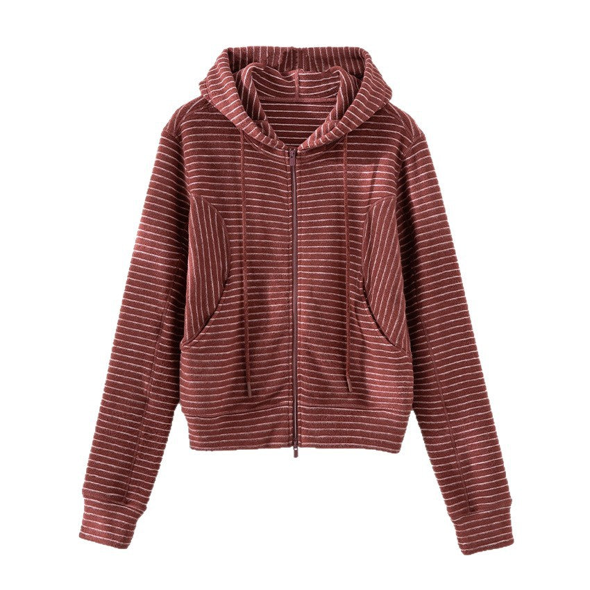 Damen Gestrickte Kapuzenjacke mit Reißverschluss und feinem Streifenmuster Shop Nory