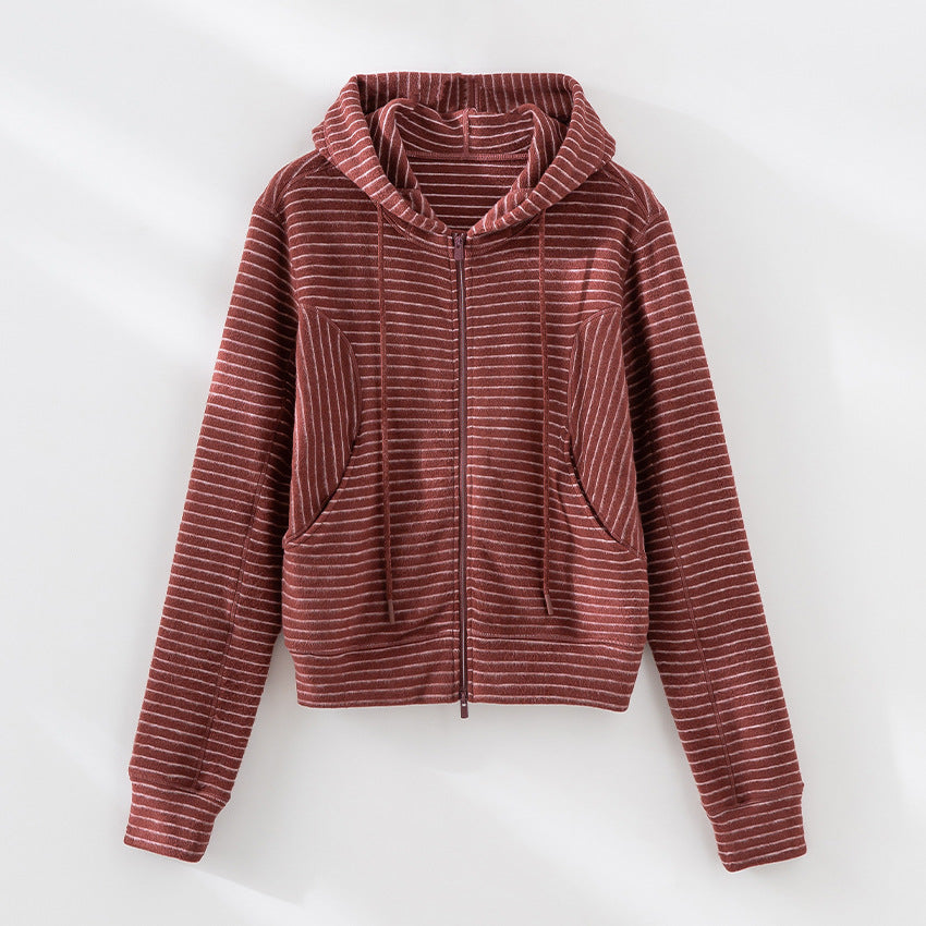 Damen Gestreifte Kapuzen-Zip-Strickjacke mit Eingrifftaschen und schmalem Rippbündchen Shop Nory