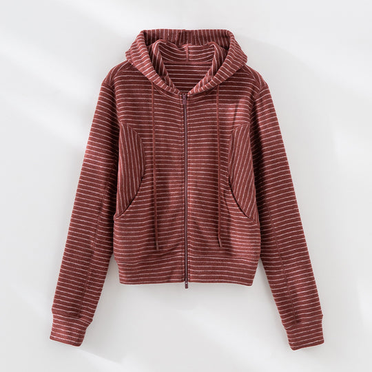 Damen Gestrickte Kapuzenjacke mit Reißverschluss und feinem Streifenmuster Shop Nory