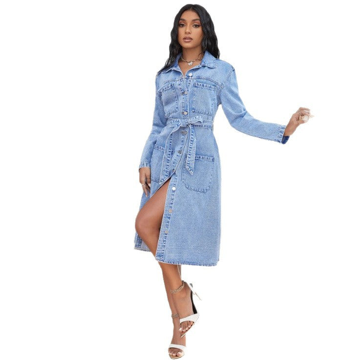Damen Midikleid aus Denim mit Taillengürtel und durchgehender Knopfleiste Shop Nory