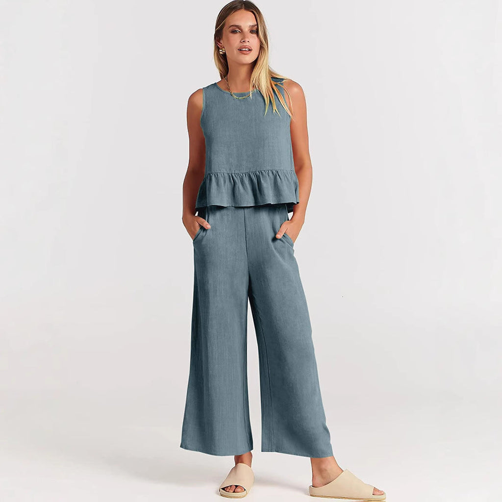 Damen luftiges Zweiteiler-Set mit schickem Peplum-Top und weitem Hose