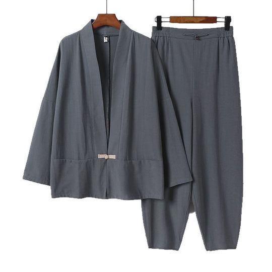 Herren Zen-Relax-Set mit offener Kimono-Jacke, dekorativem Knebelverschluss und tapered Harem-Joggpants Shop Nory
