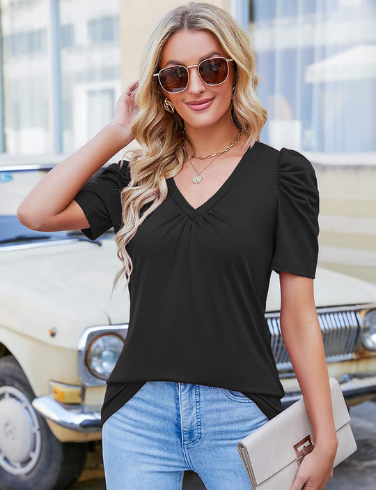 Damen V-Ausschnitt T-Shirt mit Puffärmeln