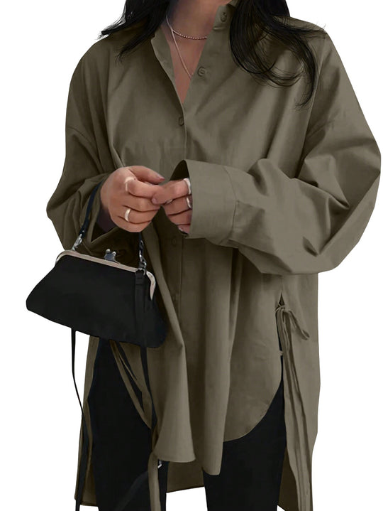 Damen Oversize-Longbluse mit Tunnelzugseiten, extralangen Manschetten und Hemdkragen Shop Nory