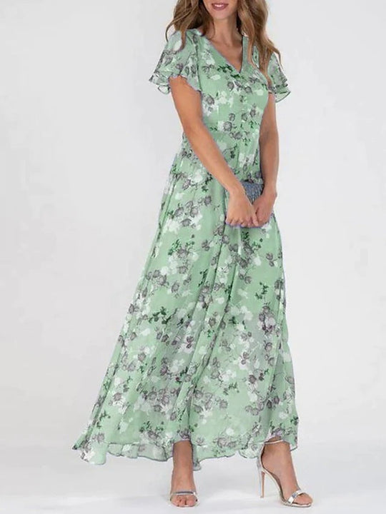 Damen Maxikleid mit floralem Chiffon-Stoff und transparenten Ärmeln