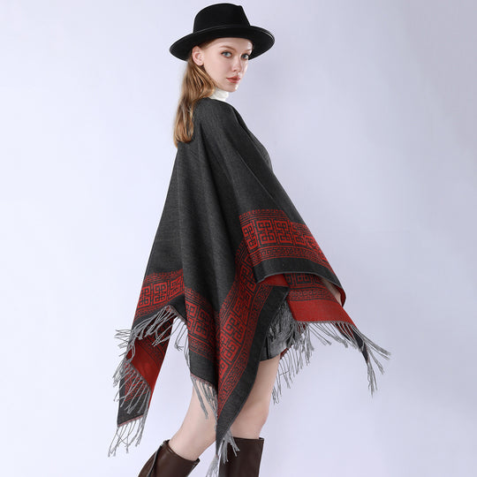Damen Reversibler Wollmix‑Überwurf im Kimono‑Fall mit ornamentaler Bordüre und Zierfransen Shop Nory