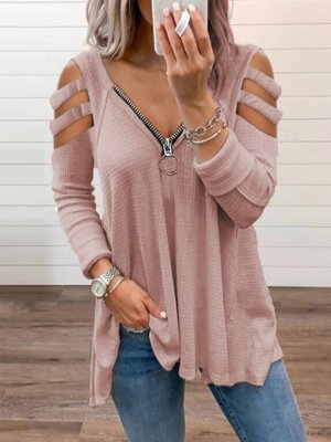 Damen lässiges Oberteil mit modischen Cut-Out-Details und Reißverschluss Shopnory
