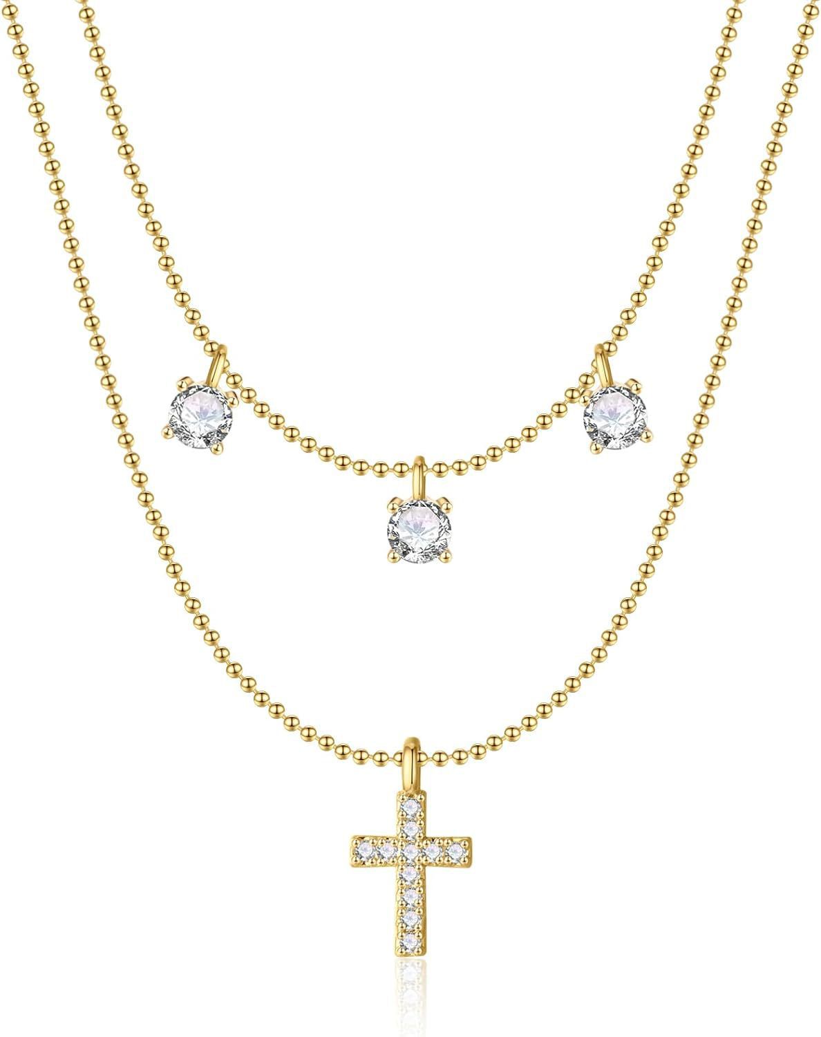 Damen Halskette mit kreuzförmigem Anhänger und mehrlagigem Design Shop Nory
