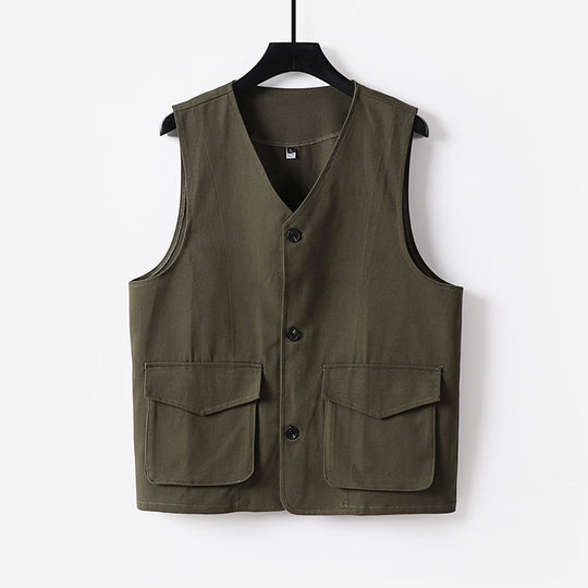 Herren Utility-Weste mit V-Ausschnitt, Knopfleiste und aufgesetzten Klappentaschen Shop Nory