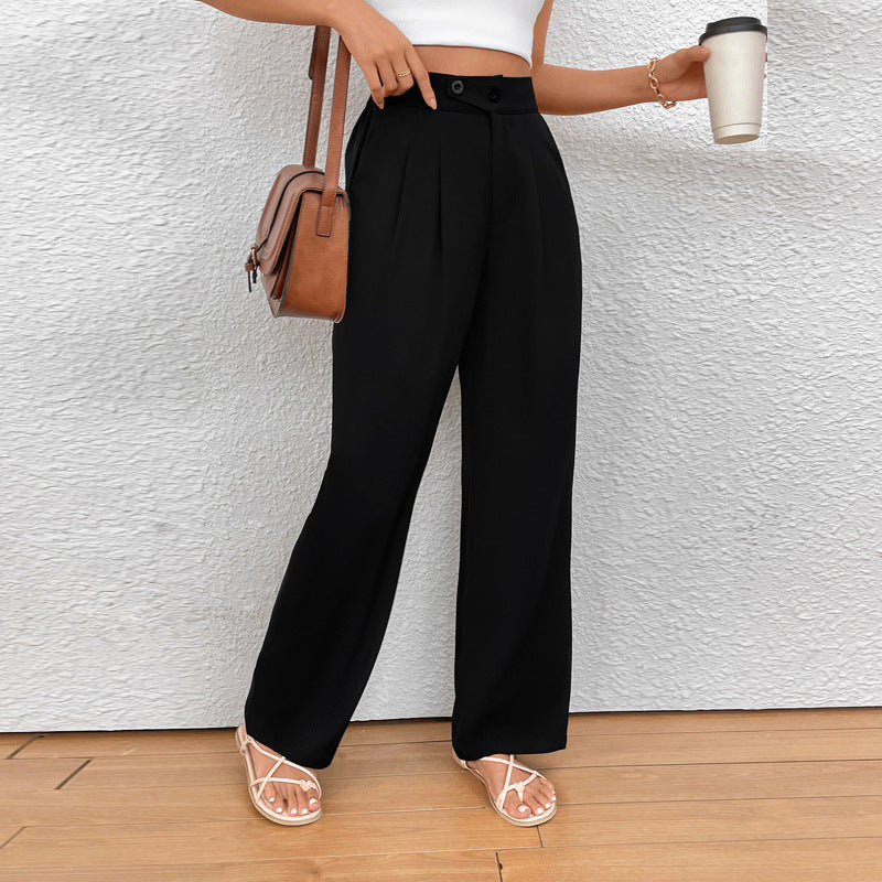 Damen Weite Bundfalten-Hose mit hoher Taille und Knopfdetail Shop Nory