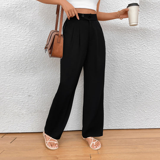 Damen Weite Bundfalten-Hose mit hoher Taille und Knopfdetail Shop Nory