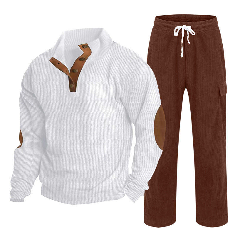 Herren Gemütliches Freizeit-Set aus Waffelstrick-Henley mit Ellenbogenpatch und Relax-Cargo-Hose Shop Nory