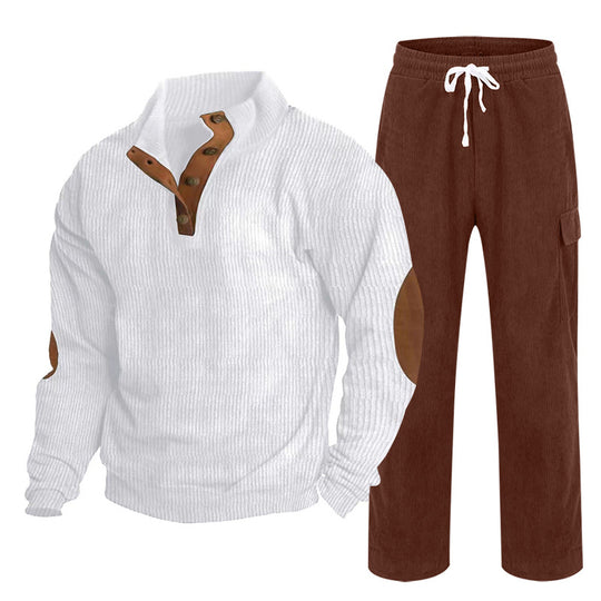 Herren Gemütliches Freizeit-Set aus Waffelstrick-Henley mit Ellenbogenpatch und Relax-Cargo-Hose Shop Nory