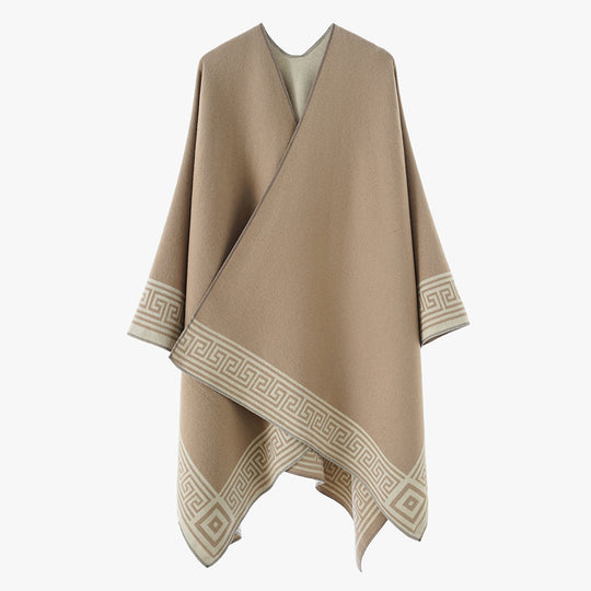 Damen Poncho‑Cape mit griechischer Bordüre, V‑Ausschnitt und kastigem Oversize‑Schnitt Shop Nory