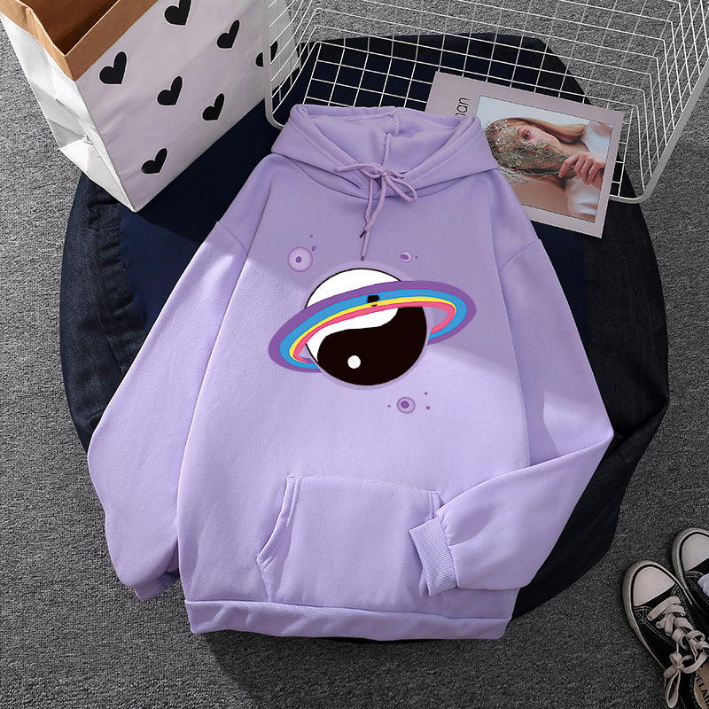 Damen nan Oversized Kapuzenpullover aus Baumwollmischung mit Planeten-Yin‑Yang-Grafik und Kängurutasche Shop Nory