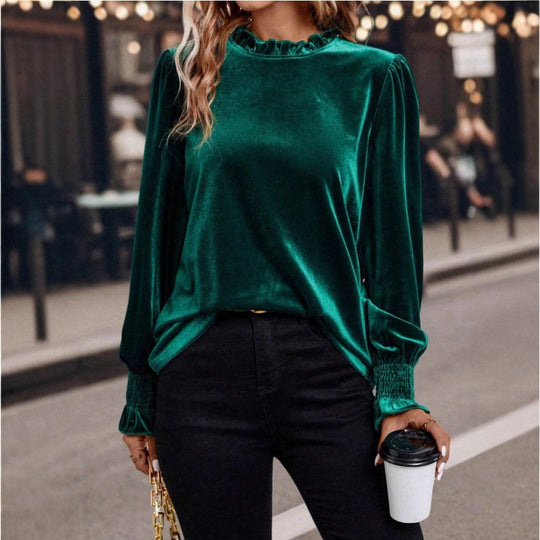 Damen Samtbluse mit Rüschenkragen, Ballonärmeln und Stretch-Smock-Bündchen Shop Nory