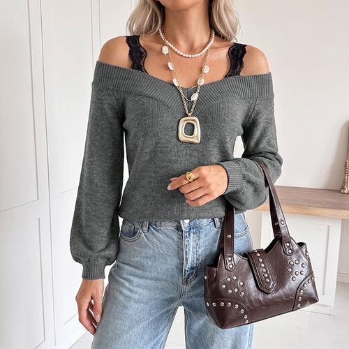 Damen Off-Shoulder Feinstrickpullover mit V-Rippkragen und Ballonärmeln Shop Nory
