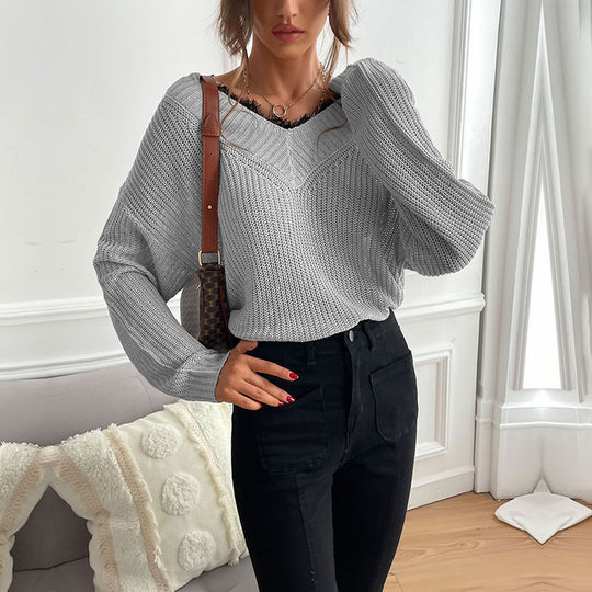 Damen Oversize V‑Ausschnitt Feinstrickpullover mit überschnittener Schulter und Rippbündchen Shop Nory