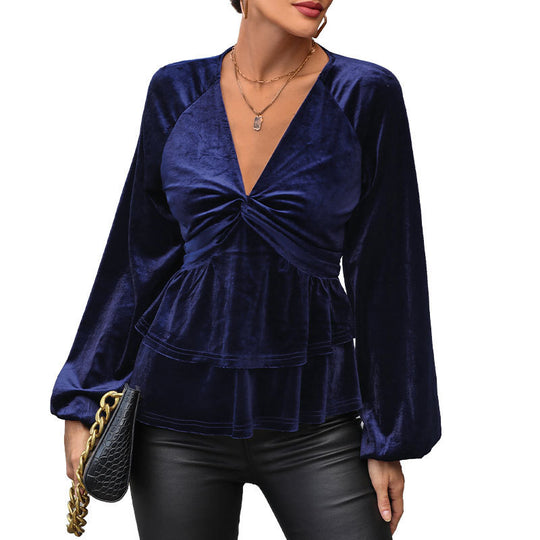 Damen Samtbluse mit tiefem V-Ausschnitt, Twist-Detail und zweistufigem Volant Shop Nory