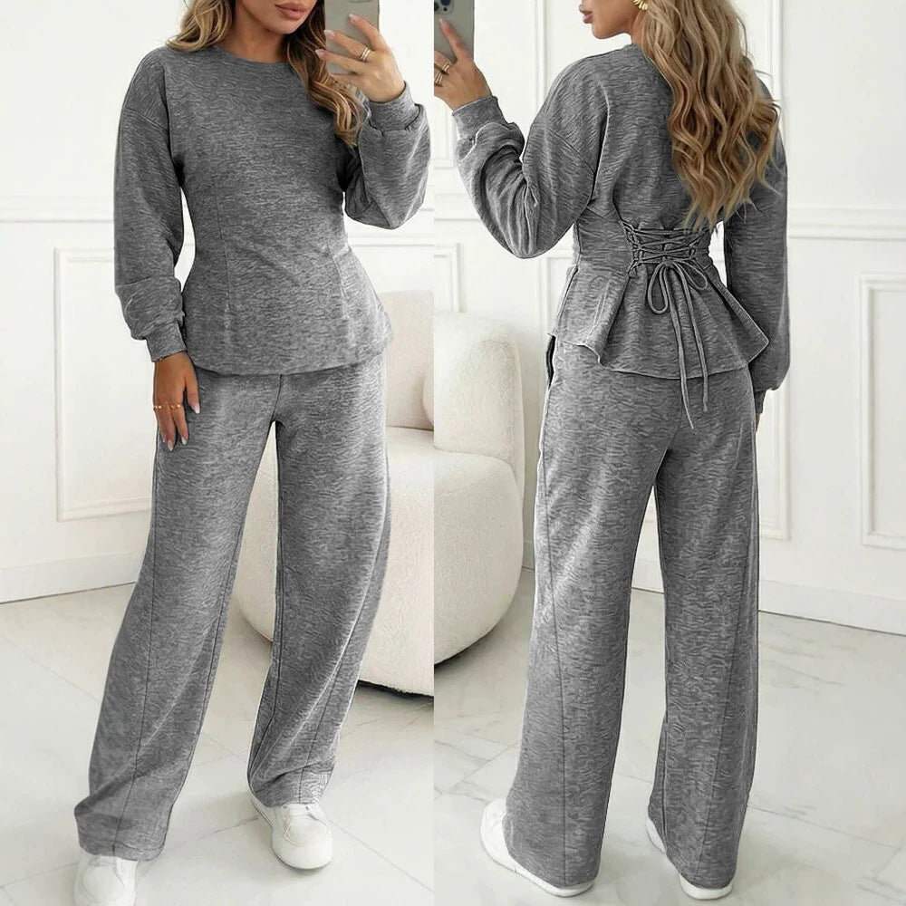 Damen Zweiteiliges Loungewear-Set aus Melange‑Jersey mit weitem Bein und Rundhalsausschnitt Shop Nory